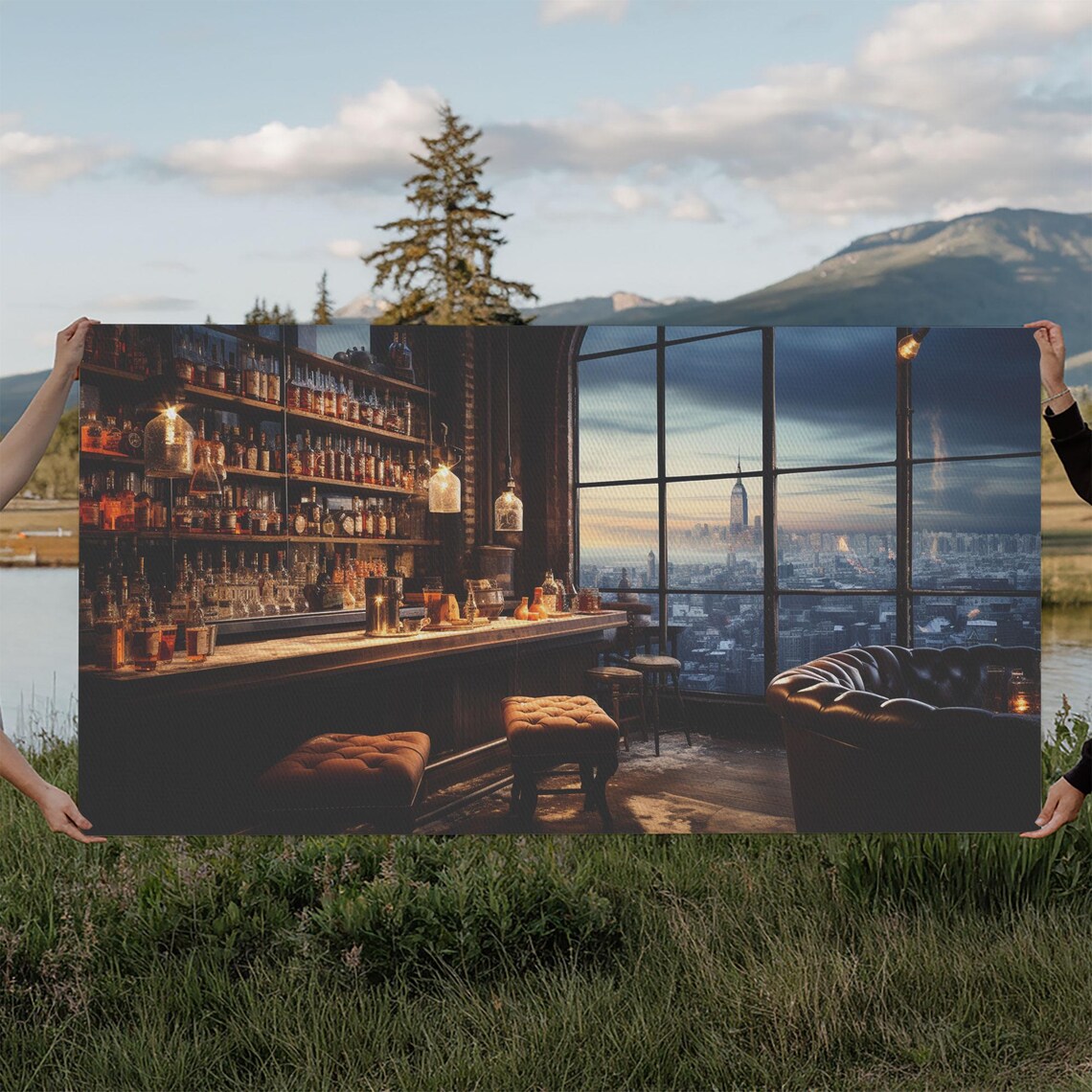 Vintage Bar Interior City Skyline Night View Oil Painting Wall Art