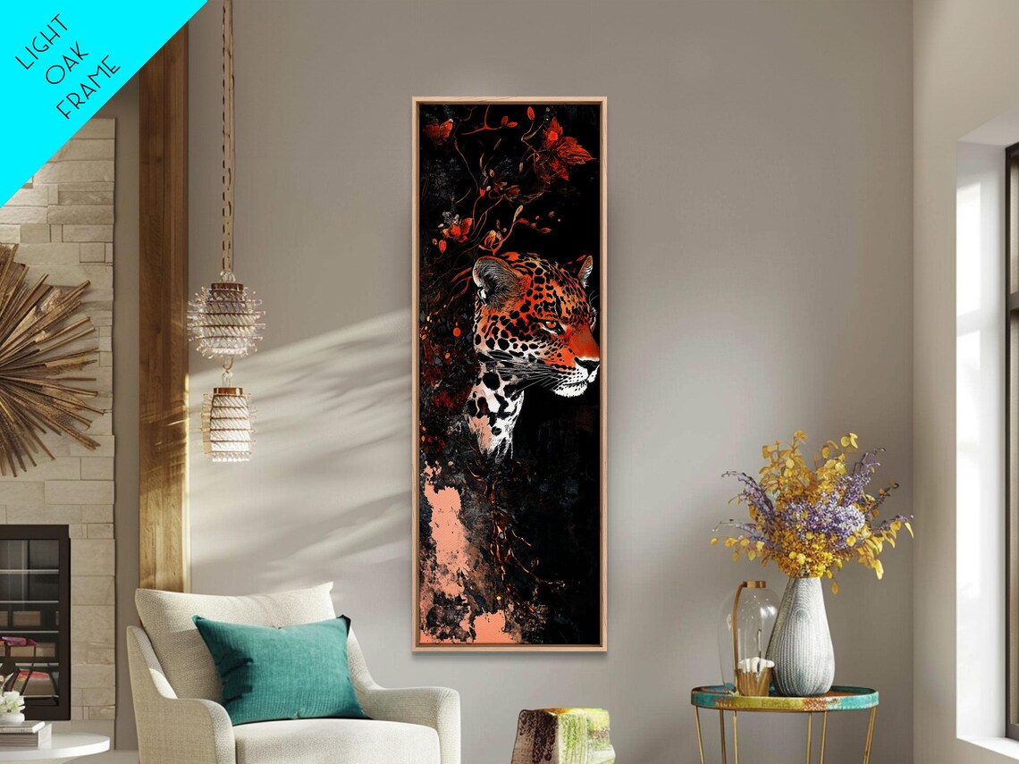 Leopard Head Autumn Leaves Red Flowers Black Background Wildlife Art Poster - Image 3