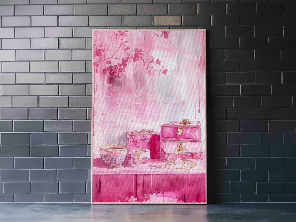 Pink Jewelry Boxes Perfume Bottles Watercolor Vanity Art Wall Poster - Image 4