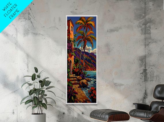 Impasto Painting Of Capri Inspired Coast Framed On Vertical Tall Narrow Painting Textured Coastal Beach Print Tropical Art