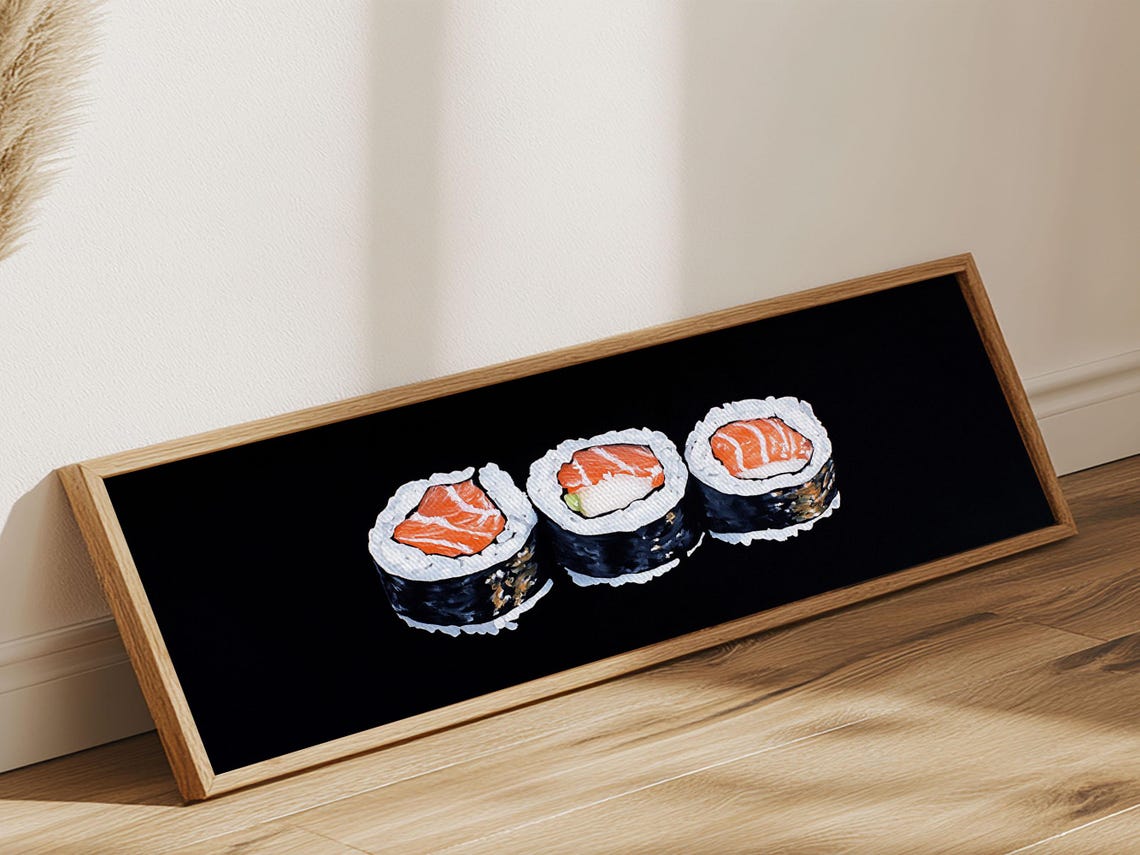Salmon Sushi Maki Rolls Black Background Panoramic Kitchen Wall Poster - Image 3