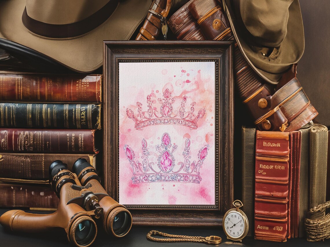 Twin Pink Jeweled Crowns Watercolor Whimsical Princess Wall Art Print - Image 2