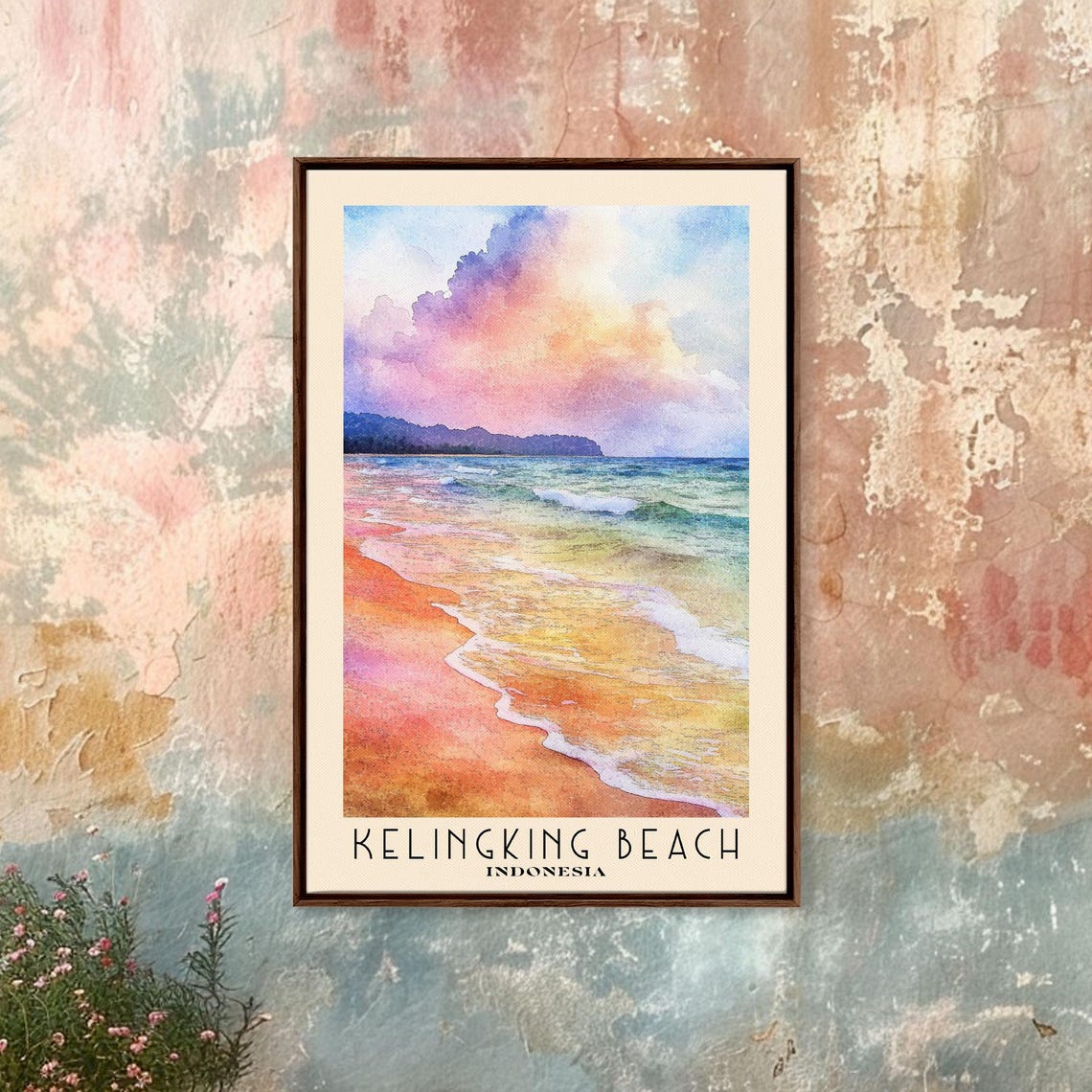 Kelingking Beach Indonesia Pastel Sunset Waves Shore Watercolor Poster - Image 4