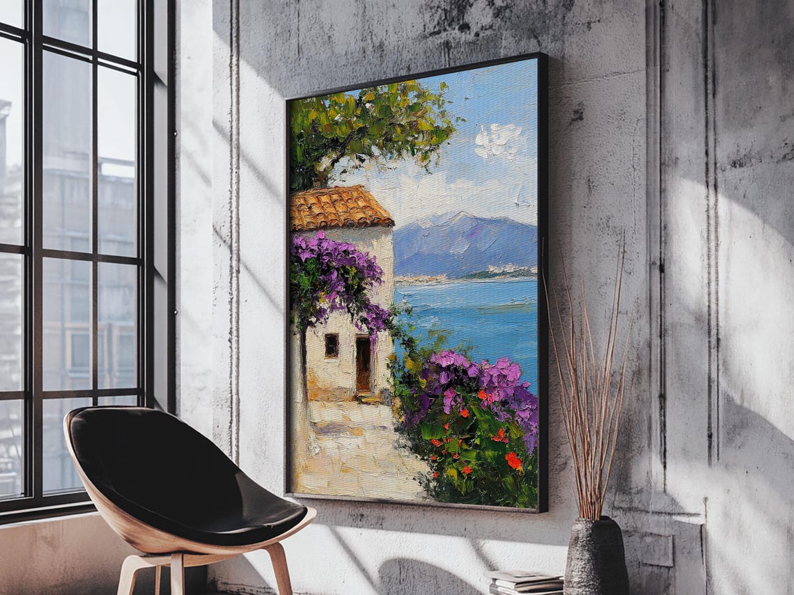 Italian Coastal Villa Sea View Bougainvillea Mediterranean Oil Print - Image 5