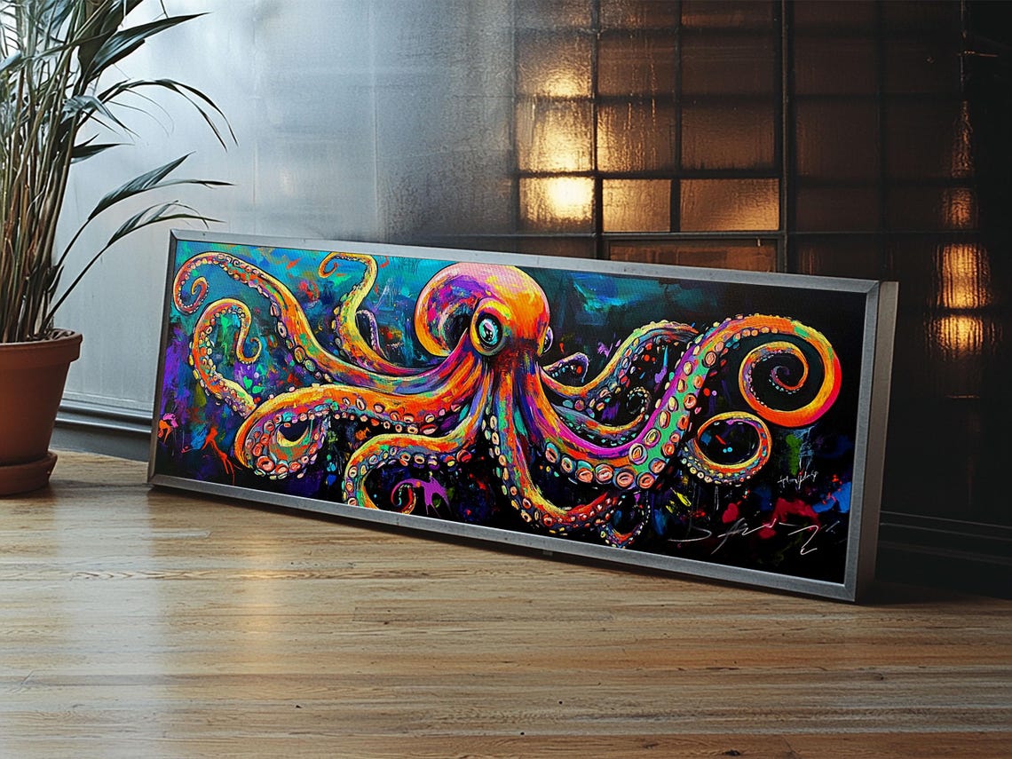 Neon Octopus Colorful Tentacles Dark Background Ocean Decor Poster - Image 3