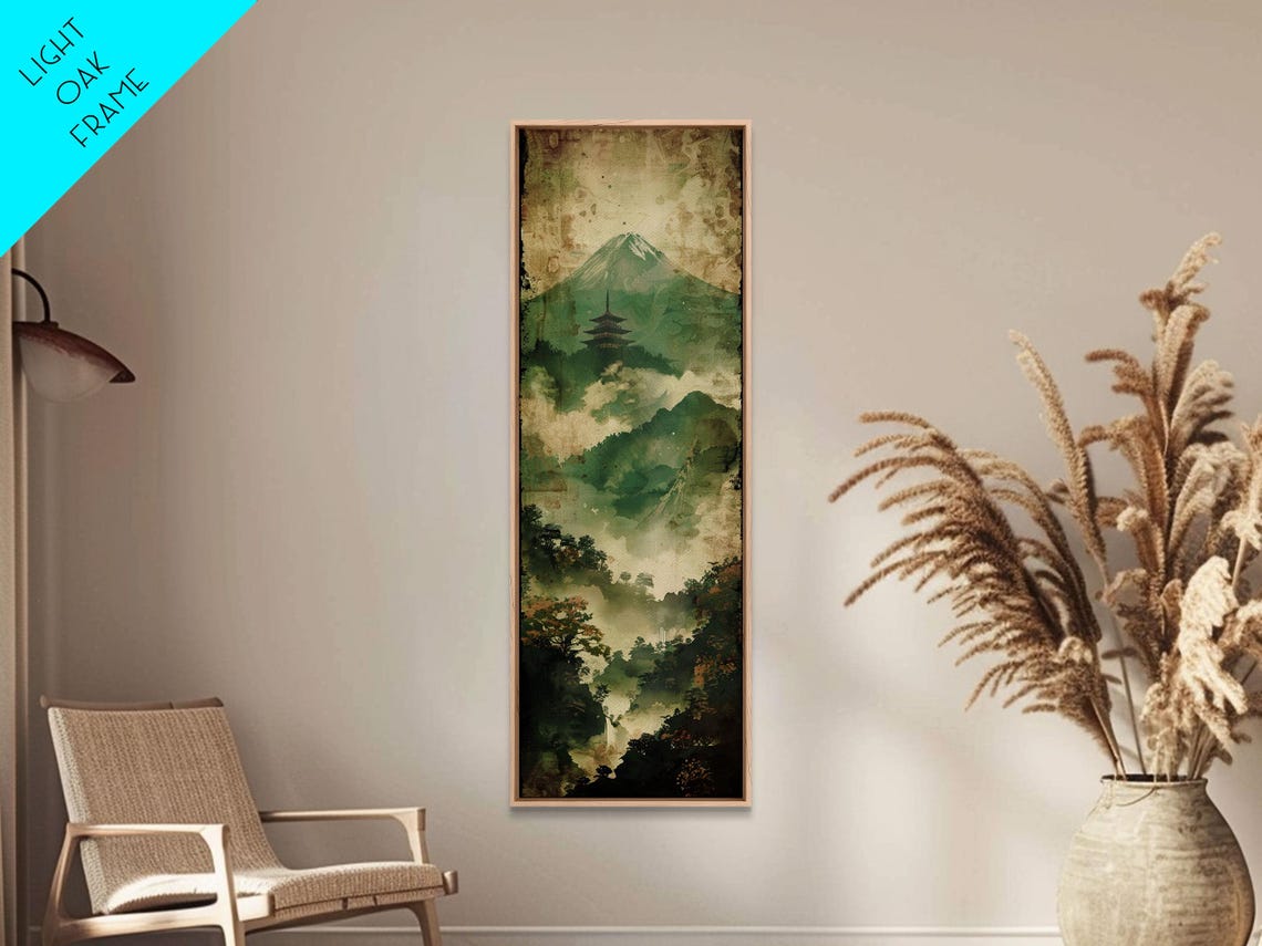 Skinny Art Tall Art Framed Print Japanese Style Art Foggy Mountain Temple Landscape Wood Block Print Ukiyo E Feng Shui Wall Art - Image 4