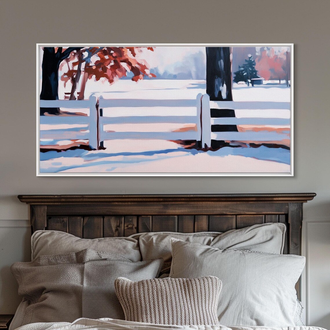 White Fence In A Snowy Field With Red Autumn Leaves Art Poster - Image 5