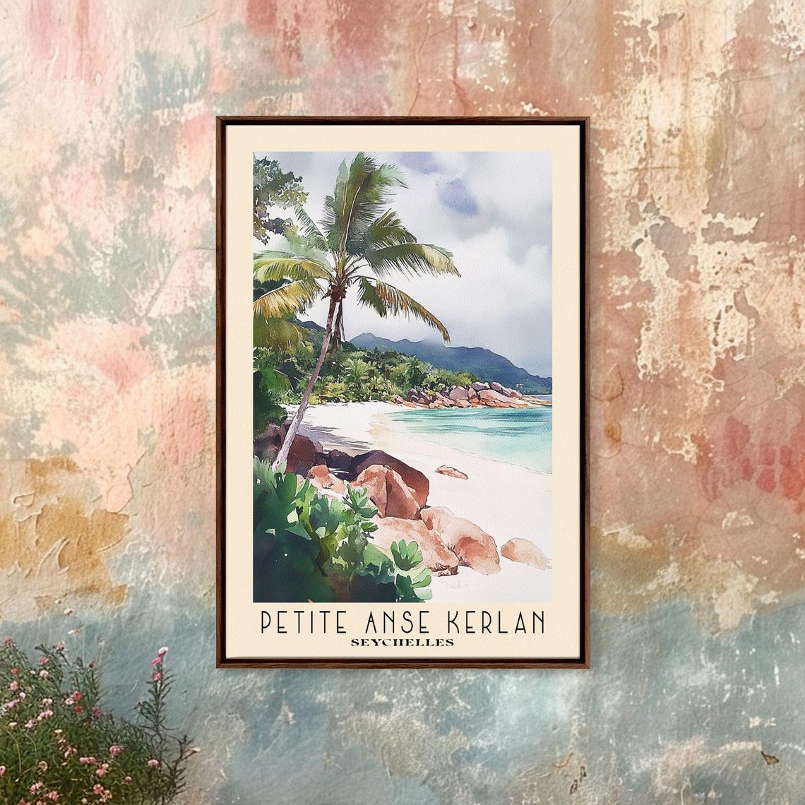 Petite Anse Kerlan Seychelles Leaning Palm Boulder Beach View Poster