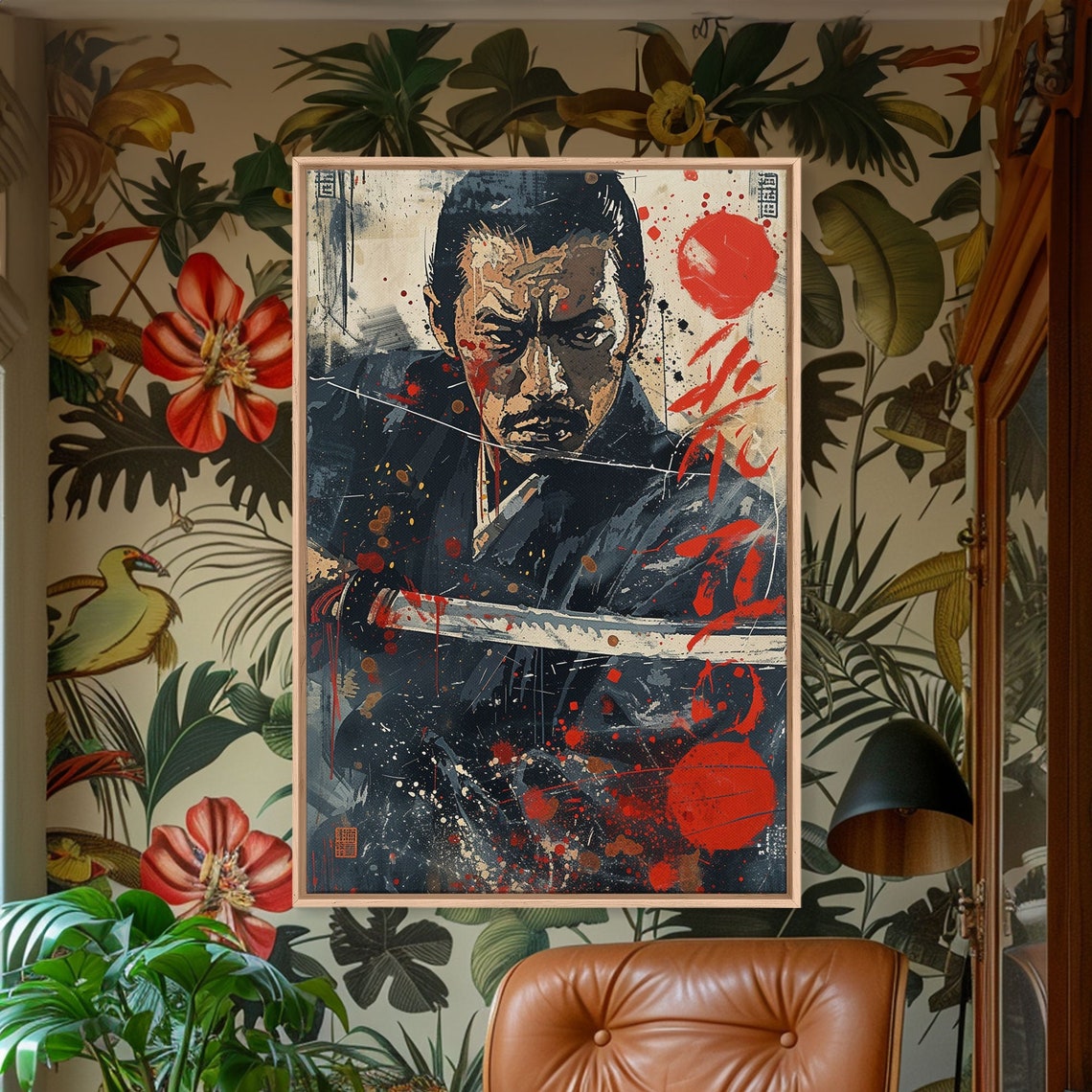 Fierce Samurai Katana Red Splatter Japanese Ink Grunge Wall Art Print