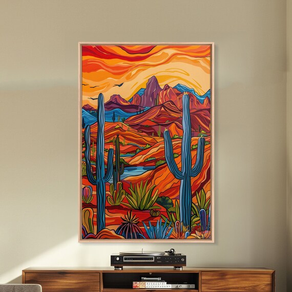 Framed Print Bright Desert Landscape With Cacti And Mountains Perfect Wall Art For Living Room Or Bedroom