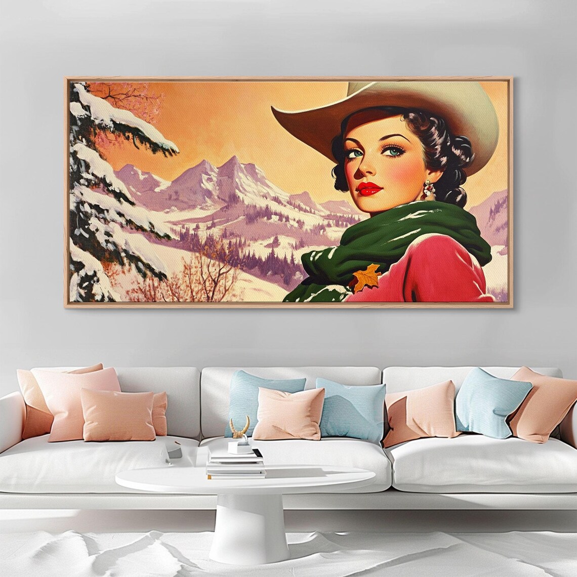 Retro Pinup Cowgirl Portrait Snowy Purple Mountains Scarf Style Poster - Image 6