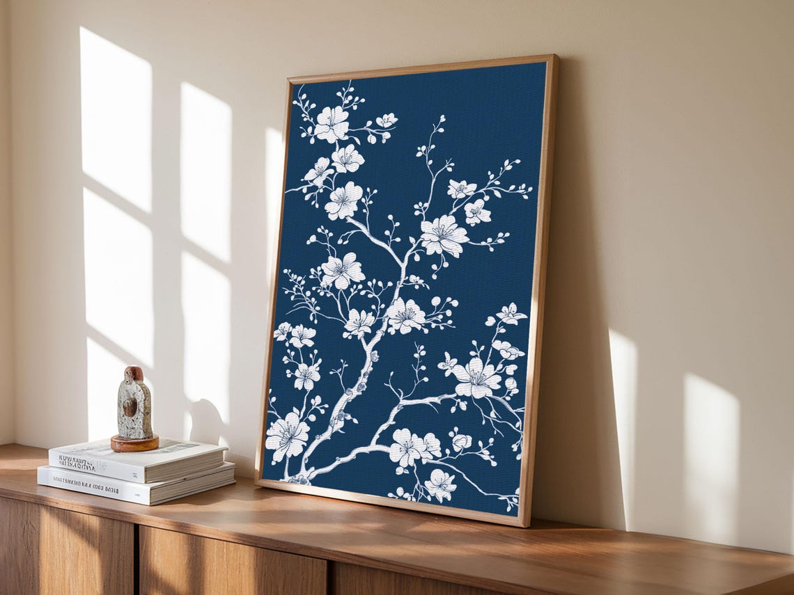 White Cherry Blossoms Navy Blue Chinoiserie Botanical Wall Art Poster - Image 2