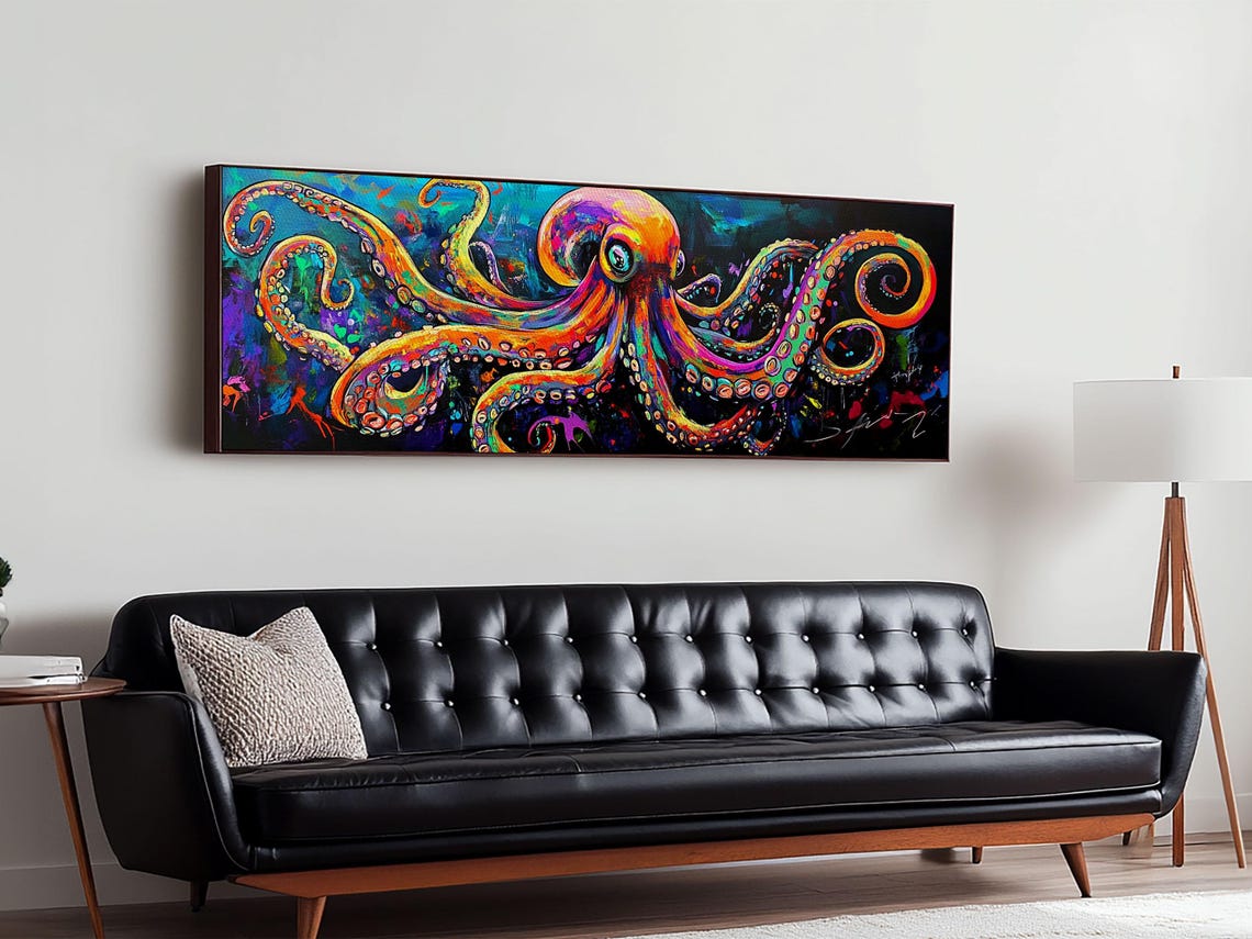 Neon Octopus Colorful Tentacles Dark Background Ocean Decor Poster - Image 4