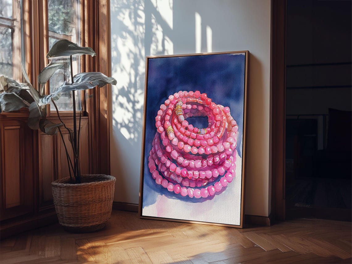 Pink Beaded Bracelets Stacked On Navy Blue Watercolor Wall Art Print - Image 3