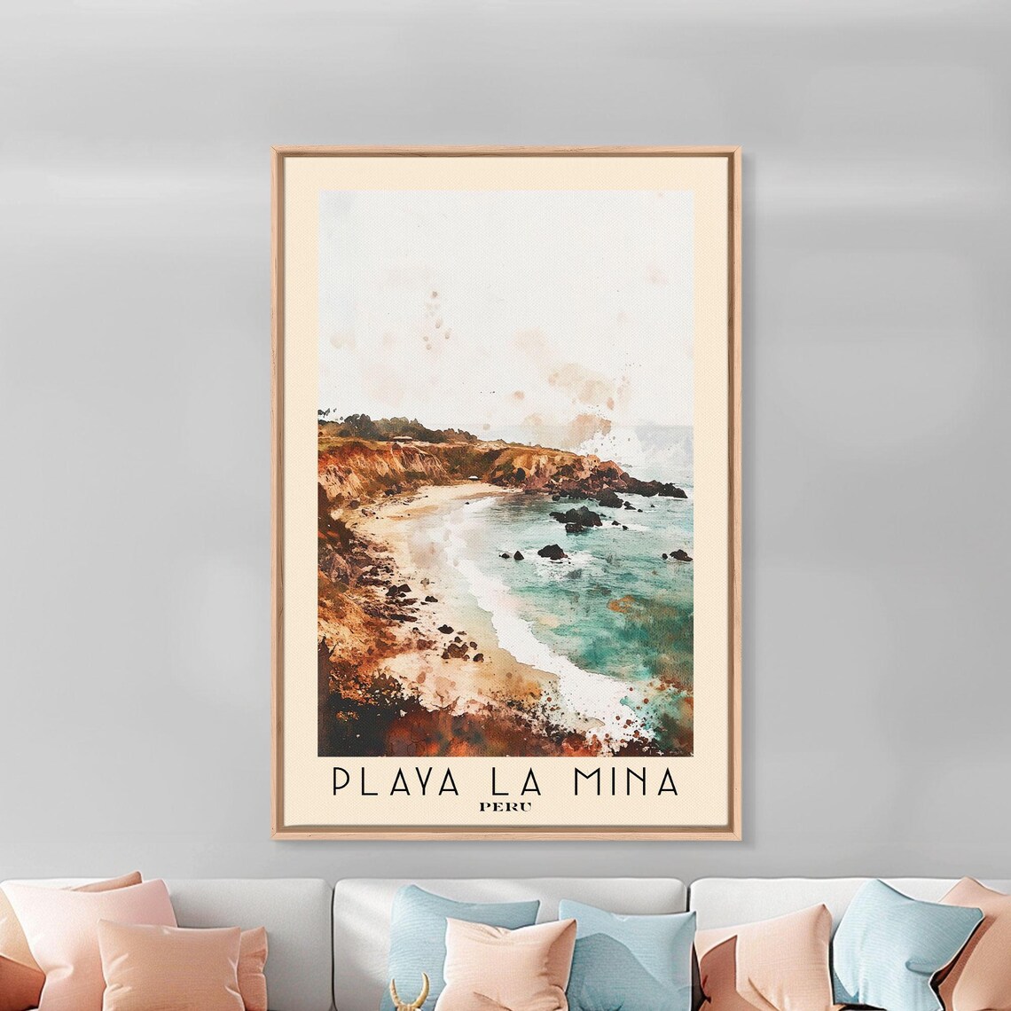Playa La Mina Peru Rocky Cove Turquoise Water Watercolor Travel Poster - Image 3