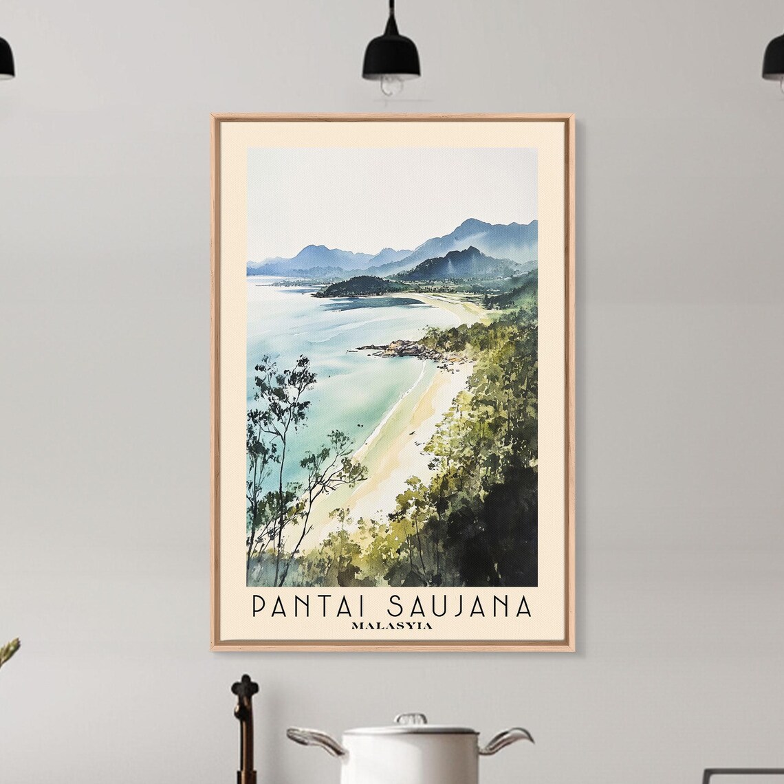 Pantai Saujana Malaysia Green Hills Bay Watercolor Scenic Travel Poster - Image 6