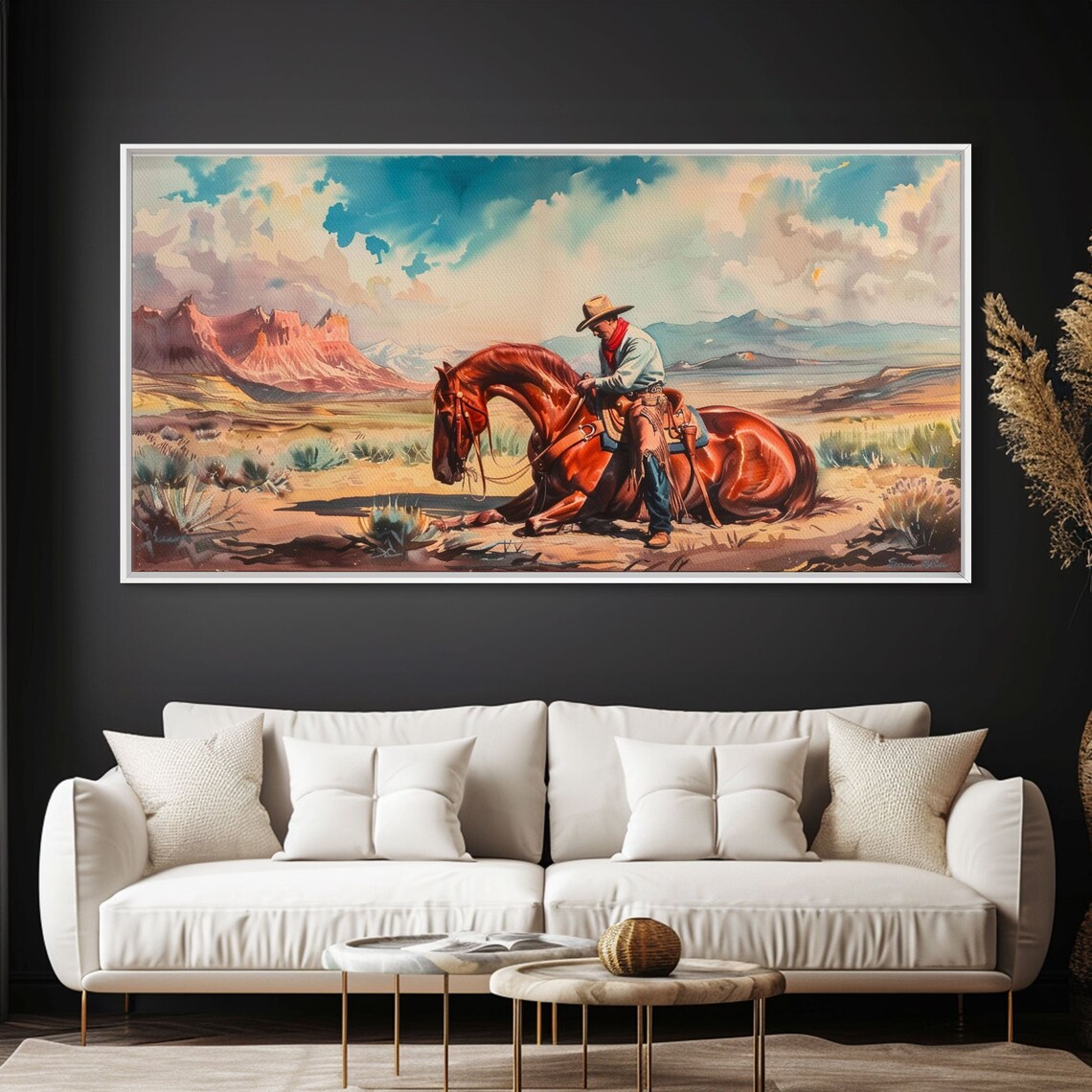 Cowboy Beside Resting Horse Desert Valley Western Painting Art Poster - Image 5