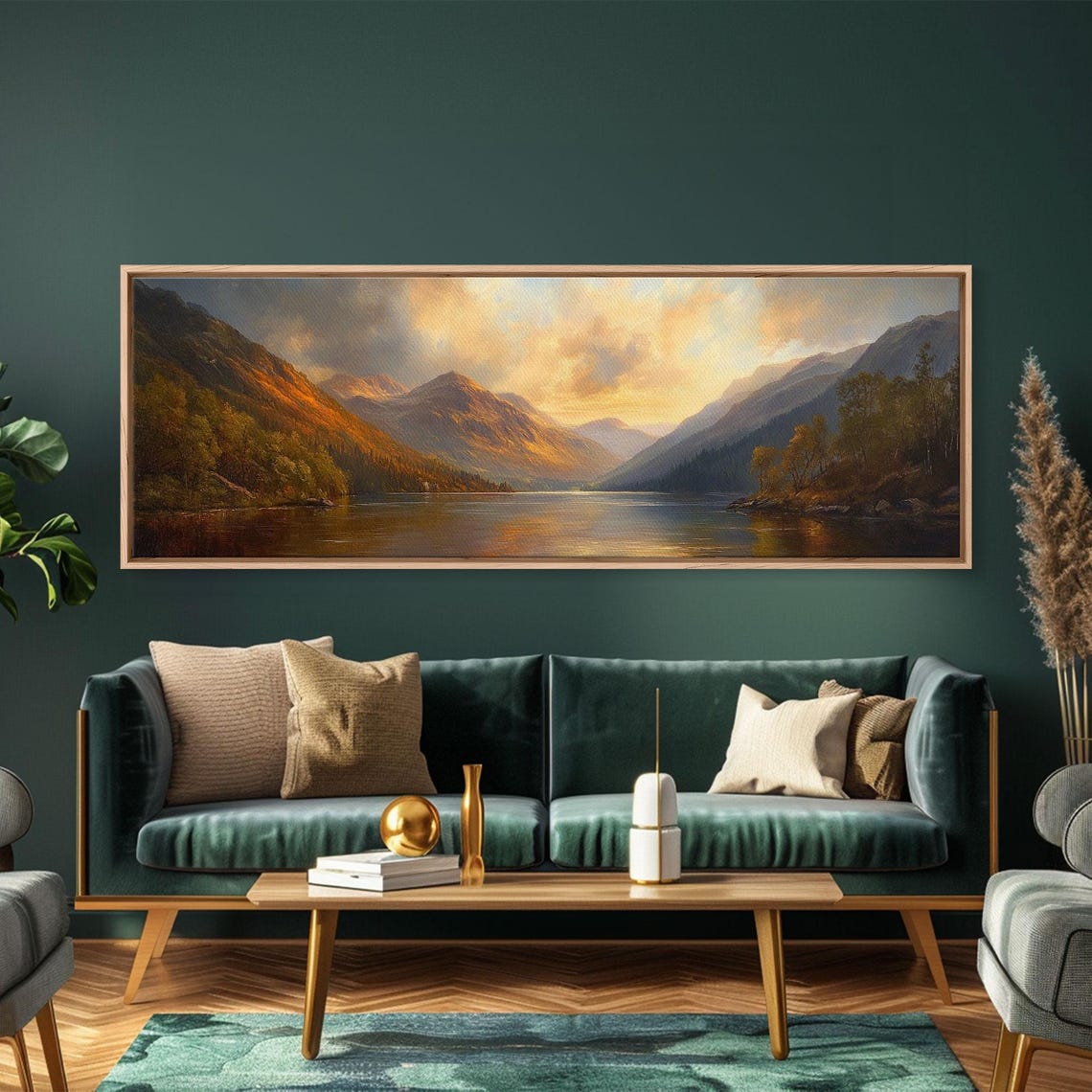 Sunrise Over The Lake Framed Print Boho Style Panoramic Painting Minimalist Wall Art Rustic Farmhouse Home Decor - Image 3
