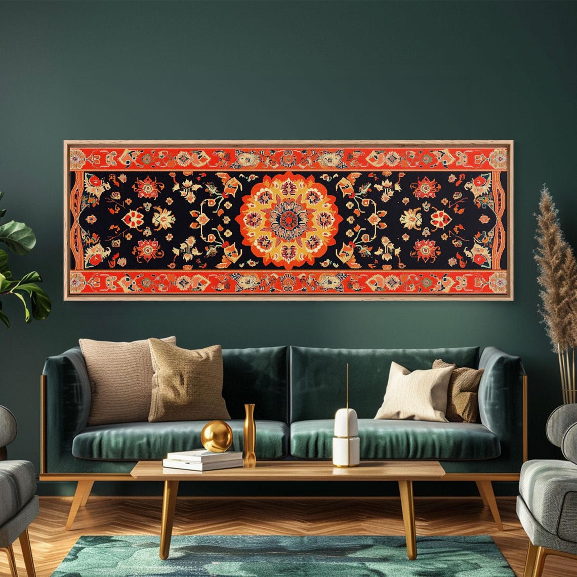 Red Black Floral Medallion Tapestry Pattern Panoramic Art Print - Image 2