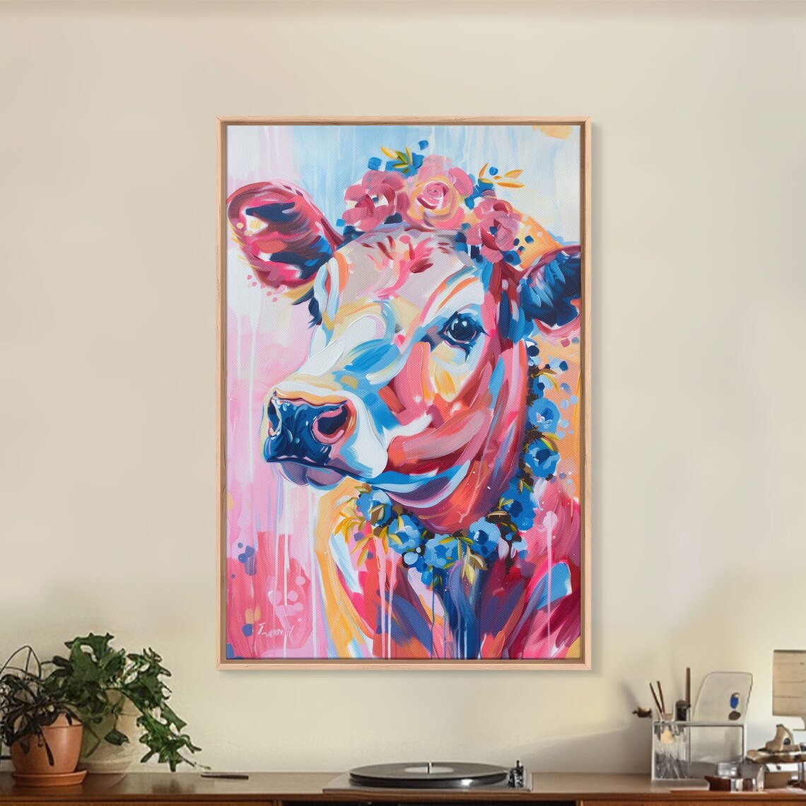 Floral Crowned Cow Portrait Pink Blue Whimsical Pop Art Animal Poster - Image 5