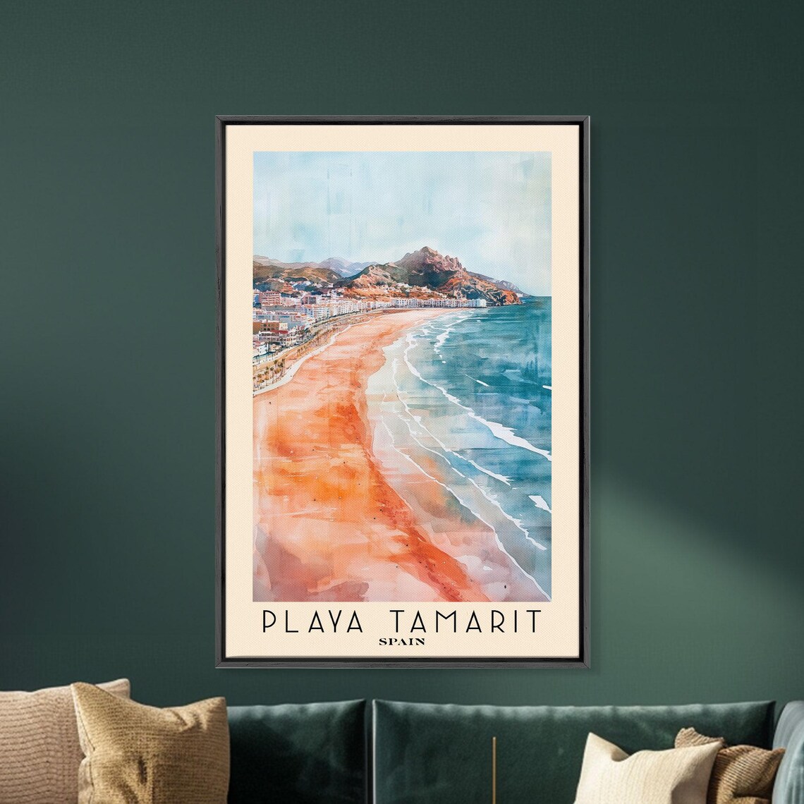 Playa Tamarit Spain Pink Sand Beach Teal Surf Watercolor Travel Poster - Image 5
