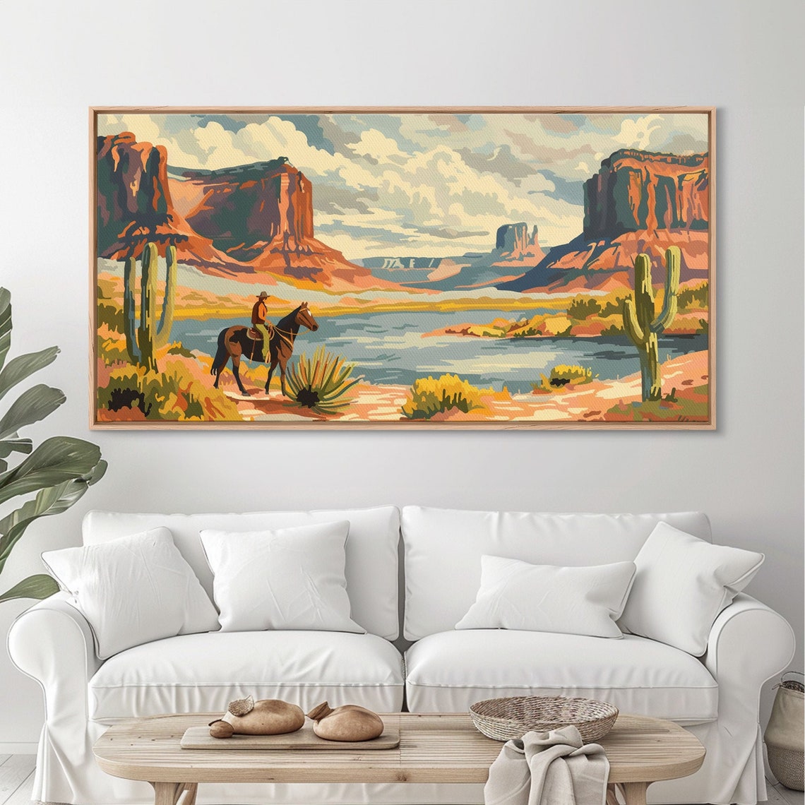 Cowboy In Monument Valley Style Desert River Mesas Vintage Art Poster - Image 5