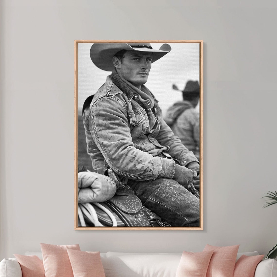Young Cowboy Denim Jacket Black and White Western Portrait Art Poster - Image 5