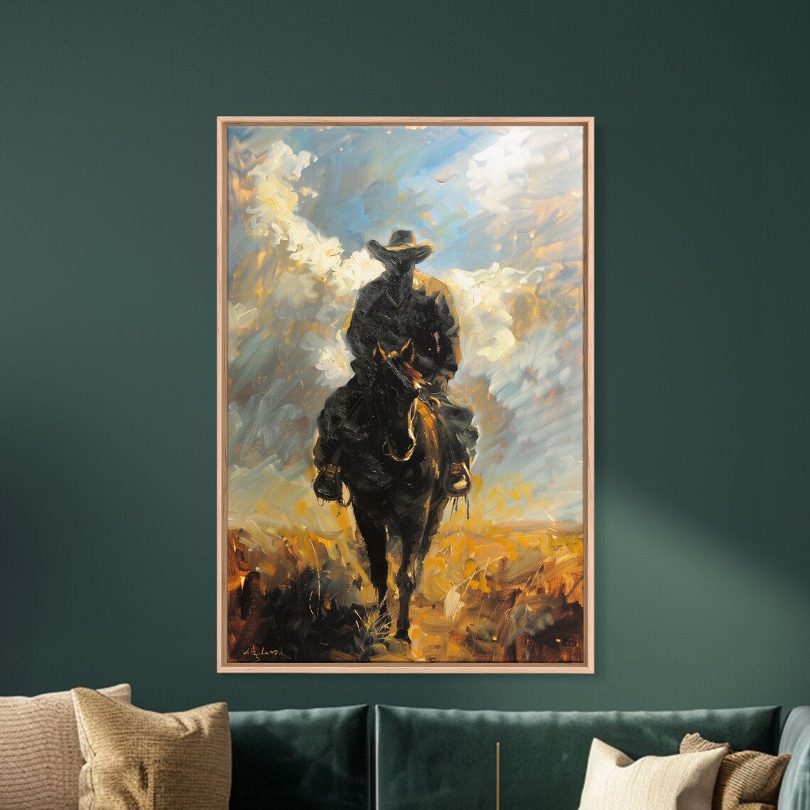 Silhouette Cowboy On Horseback At Dusk Golden Prairie Oil Poster - Image 5