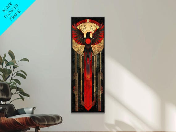 Red And Gold Phoenix Design Geometric Background Framed Print Midcentury Modern Art Skinny Art Tall Art Living Room Wall Decor
