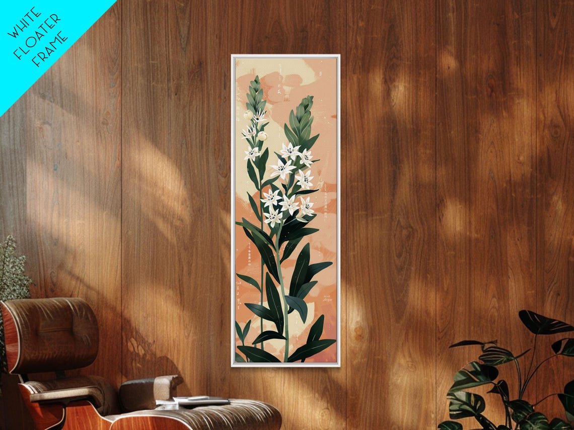 White Lily Flowers On Tall Stems Peach Background Japanese Wall Art - Image 5
