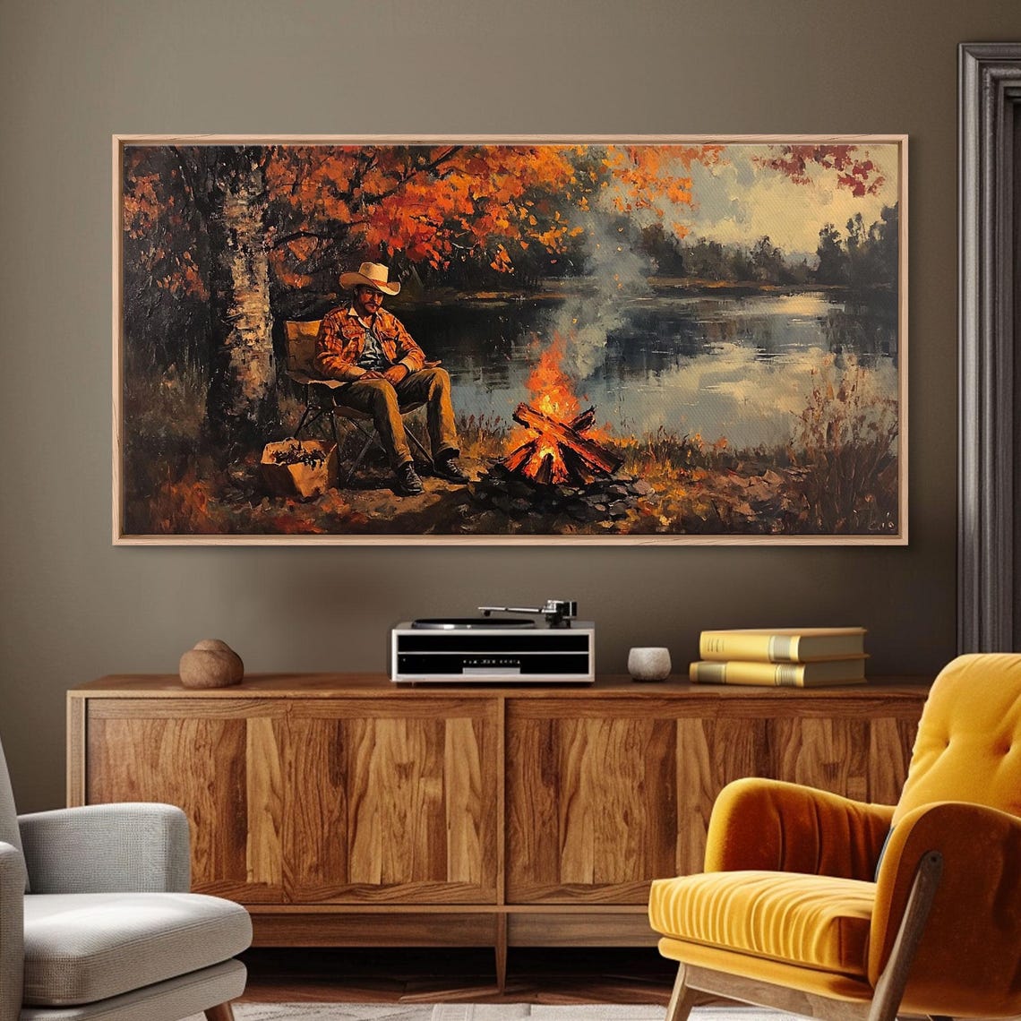 Cowboy Campfire Autumn Lake Rustic Western Landscape Painting Poster - Image 5