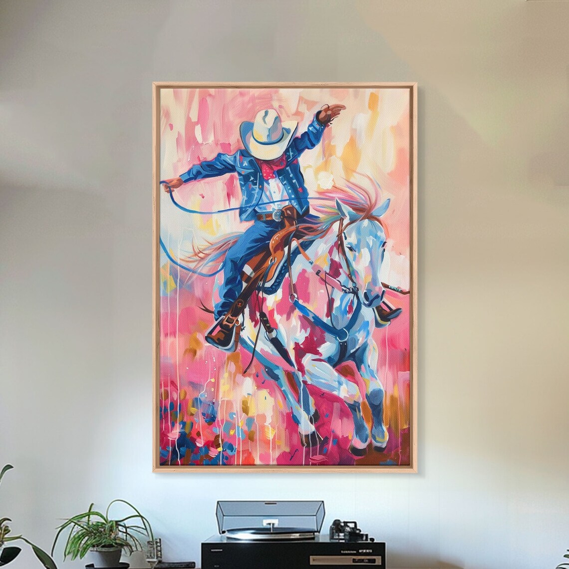 Cowboy Riding Horse In Vibrant Pink Blue And Orange Rodeo Art Poster - Image 4