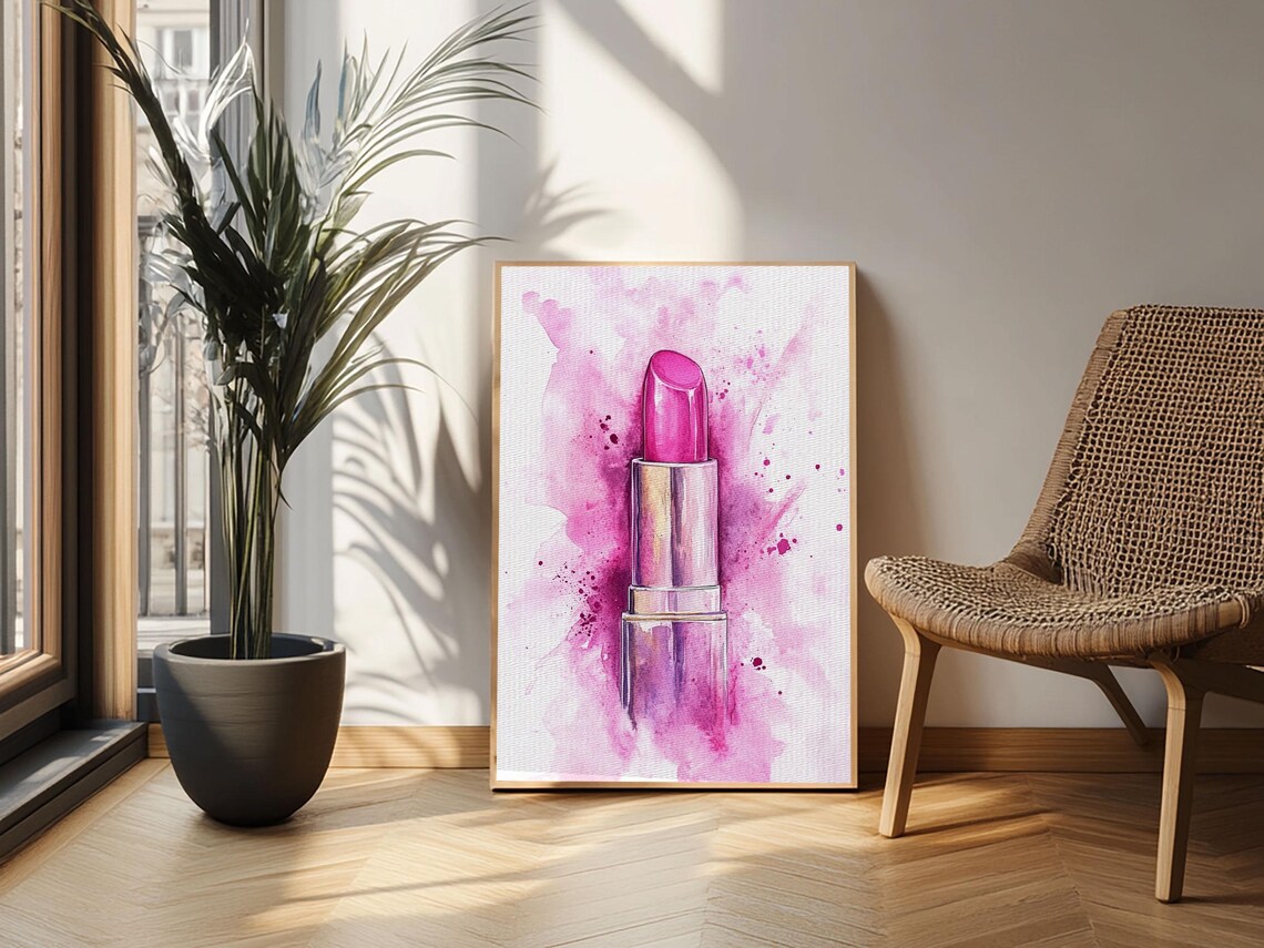 Magenta Lipstick In Chrome Tube Watercolor Bold Beauty Wall Art Print - Image 6