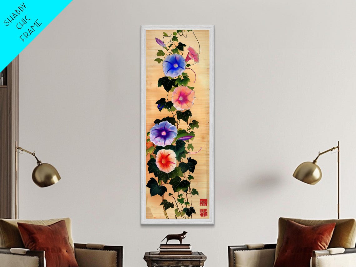 Colorful Morning Glory Vines On Natural Bamboo Wood Ukiyo E Art Poster - Image 6