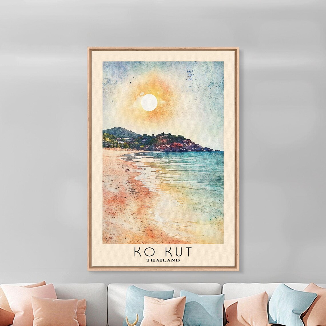 Ko Kut Thailand Sunset Beach Headland Orange Sun Watercolor Wall Poster - Image 3