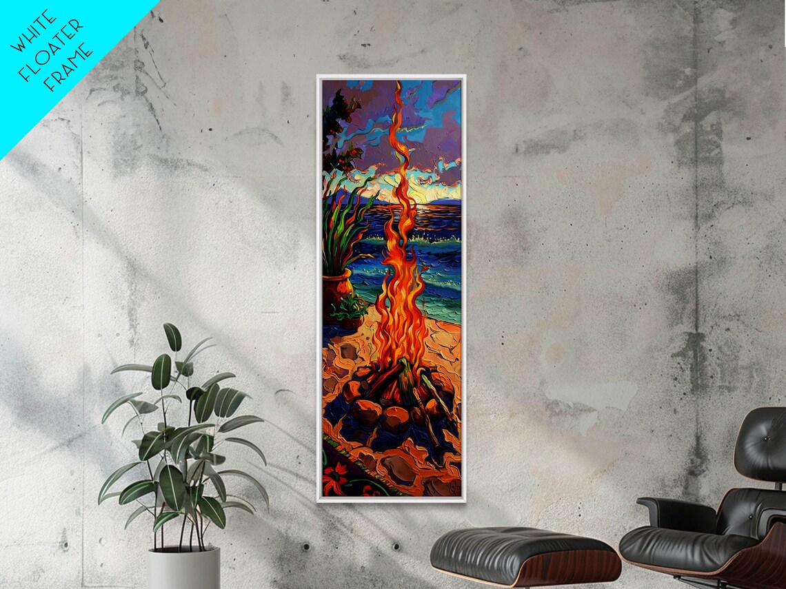 Beach Campfire At Sunset With Tall Flames Over Ocean Impasto Art Poster - Image 5