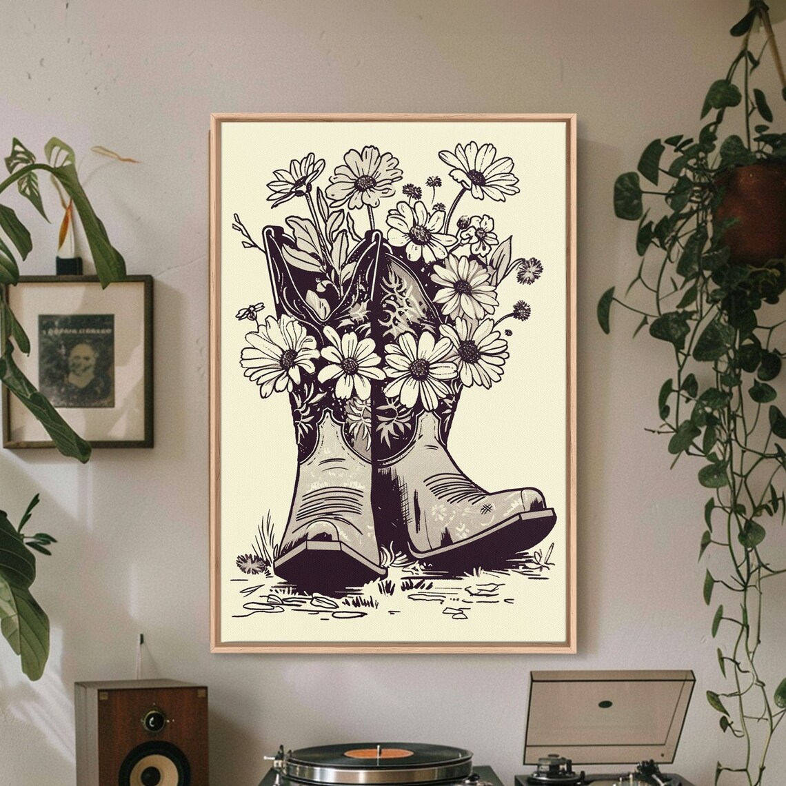 Cowboy Boots With Daisies Vintage Line Art Floral Western Wall Poster - Image 5