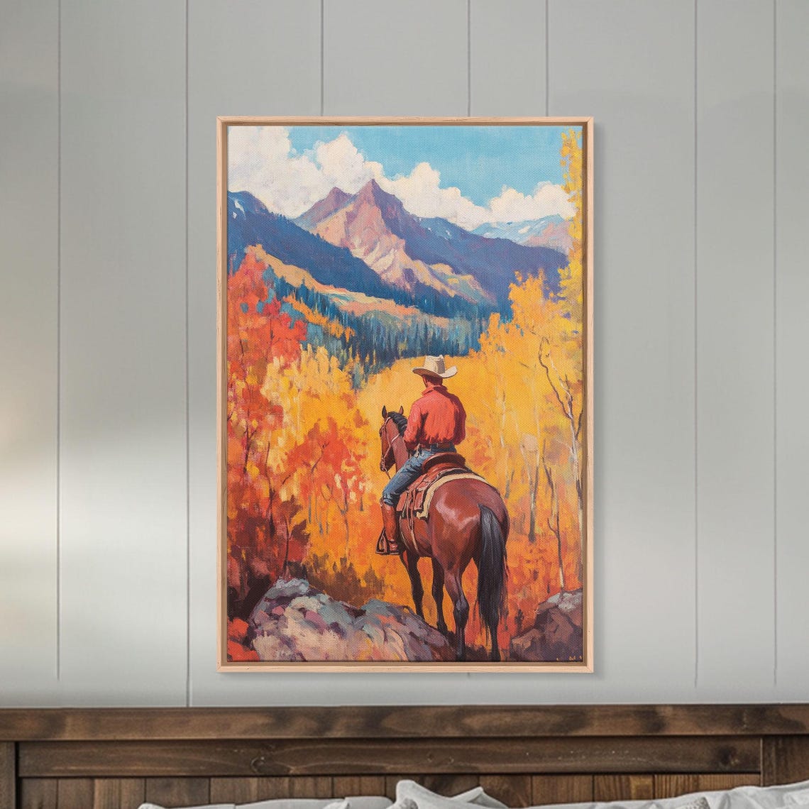 Cowboy On Horseback Overlooking Autumn Valley Golden Trees Poster - Image 5