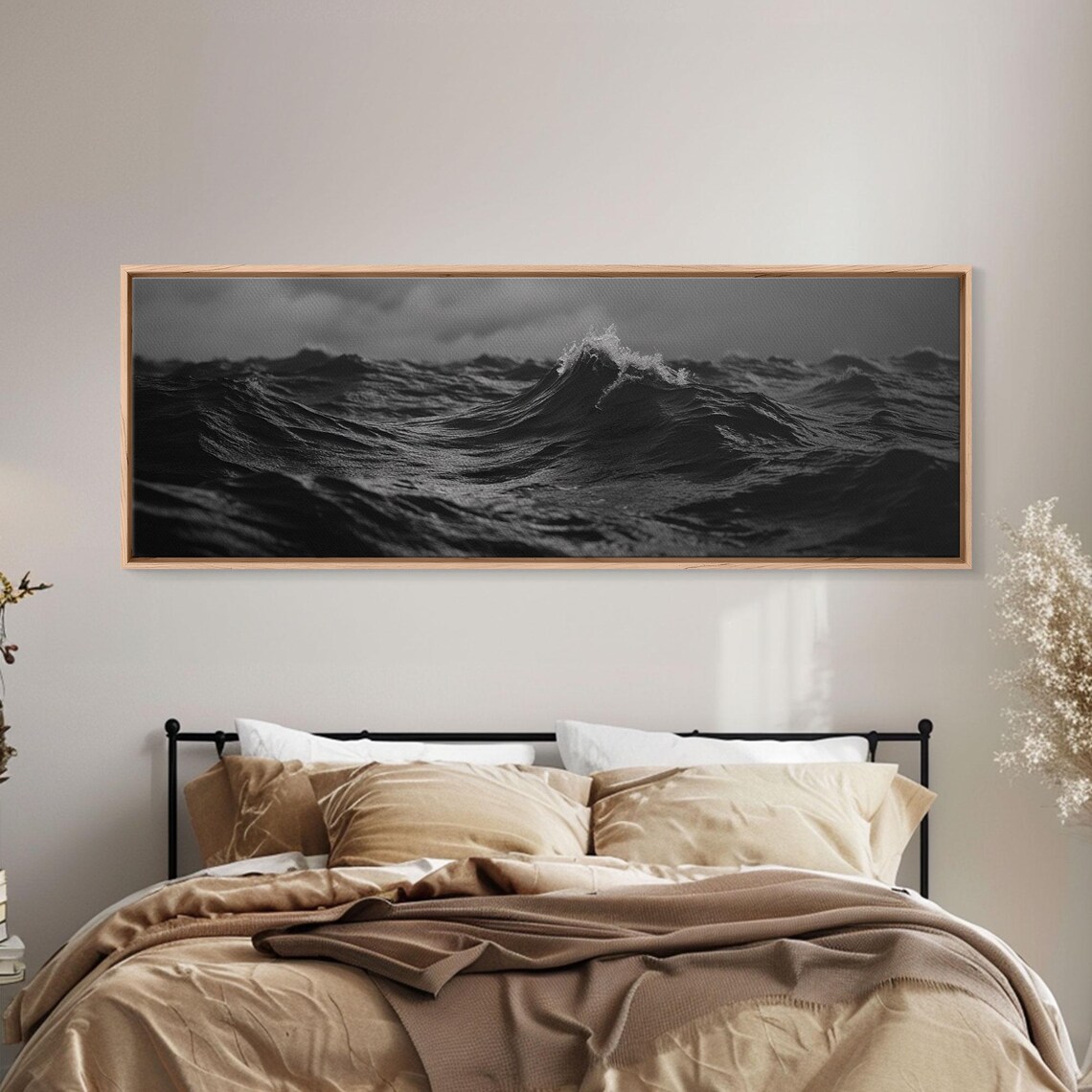 Black And White Ocean Waves Photography Dramatic Dark Seascape Panoramic Wall Art Print - Image 2