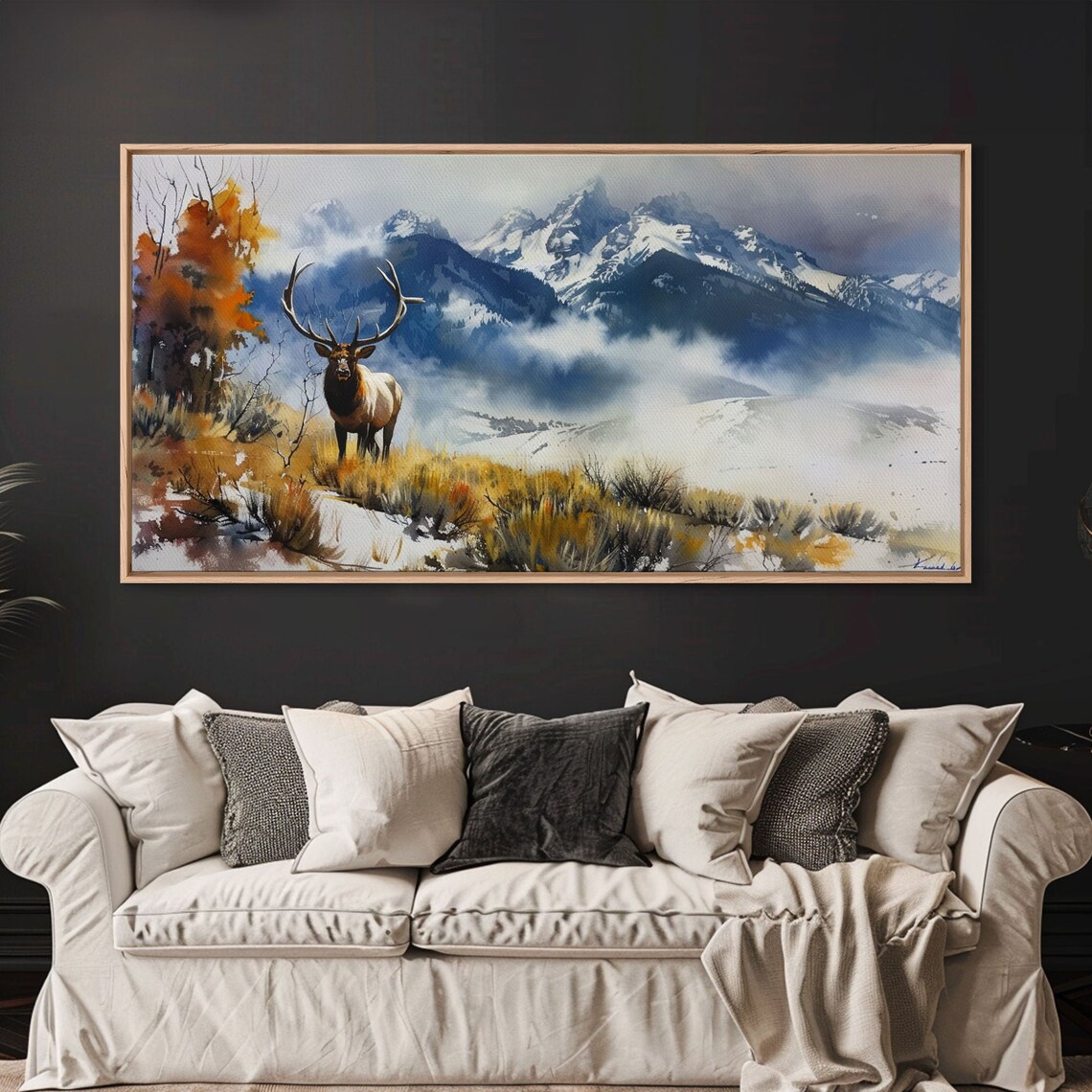 Elk With Grand Antlers In Snowy Mountain Meadow Watercolor Art Poster - Image 2