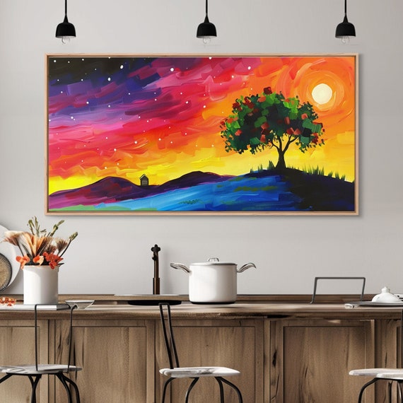 Vibrant Tree Under Starry Sky Framed Print Perfect For Living Room Art Modern Home Decor Colorful Bedroom Wall Art
