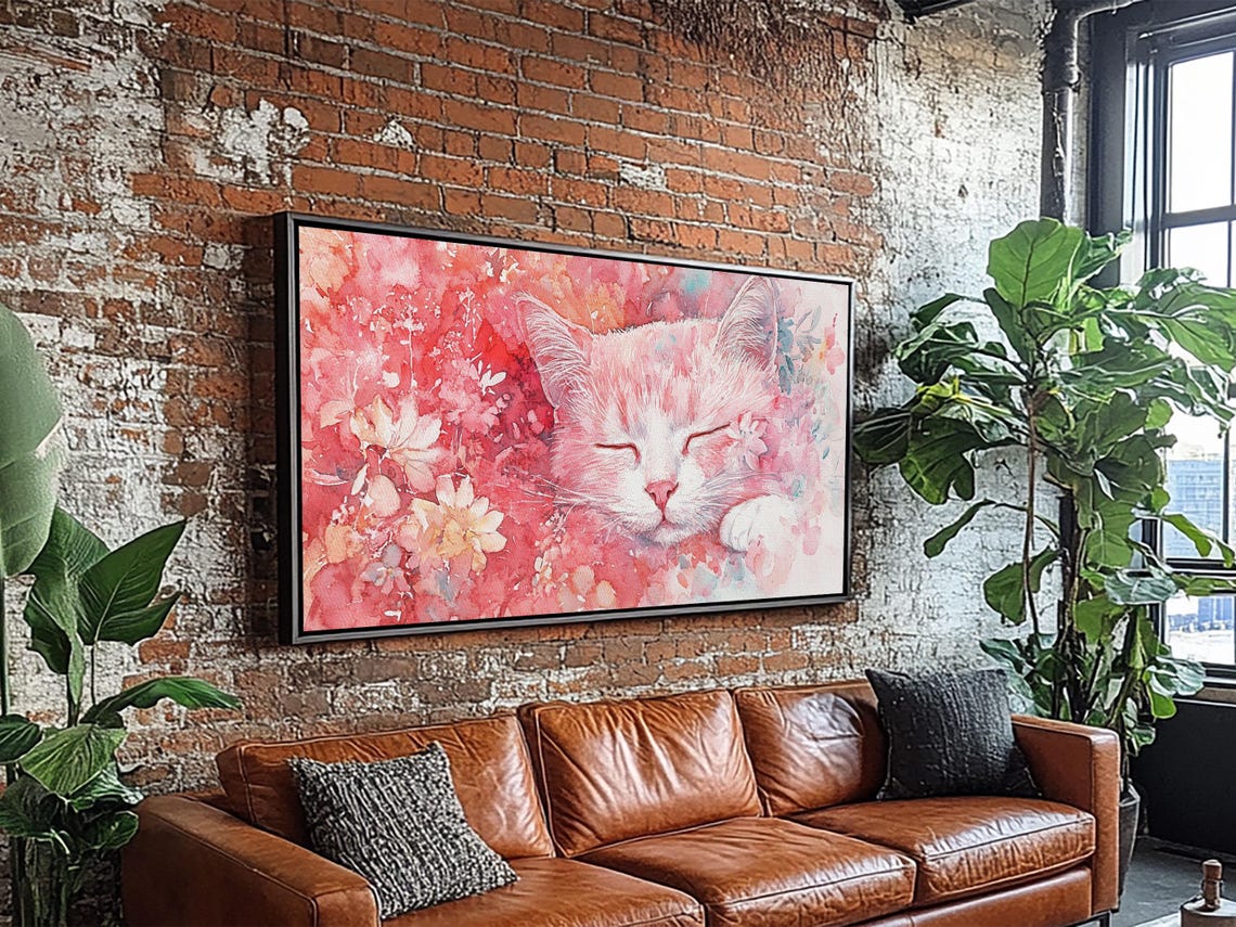 Sleeping Pink Kitten Among Flowers Watercolor Cute Cat Art Poster - Image 4