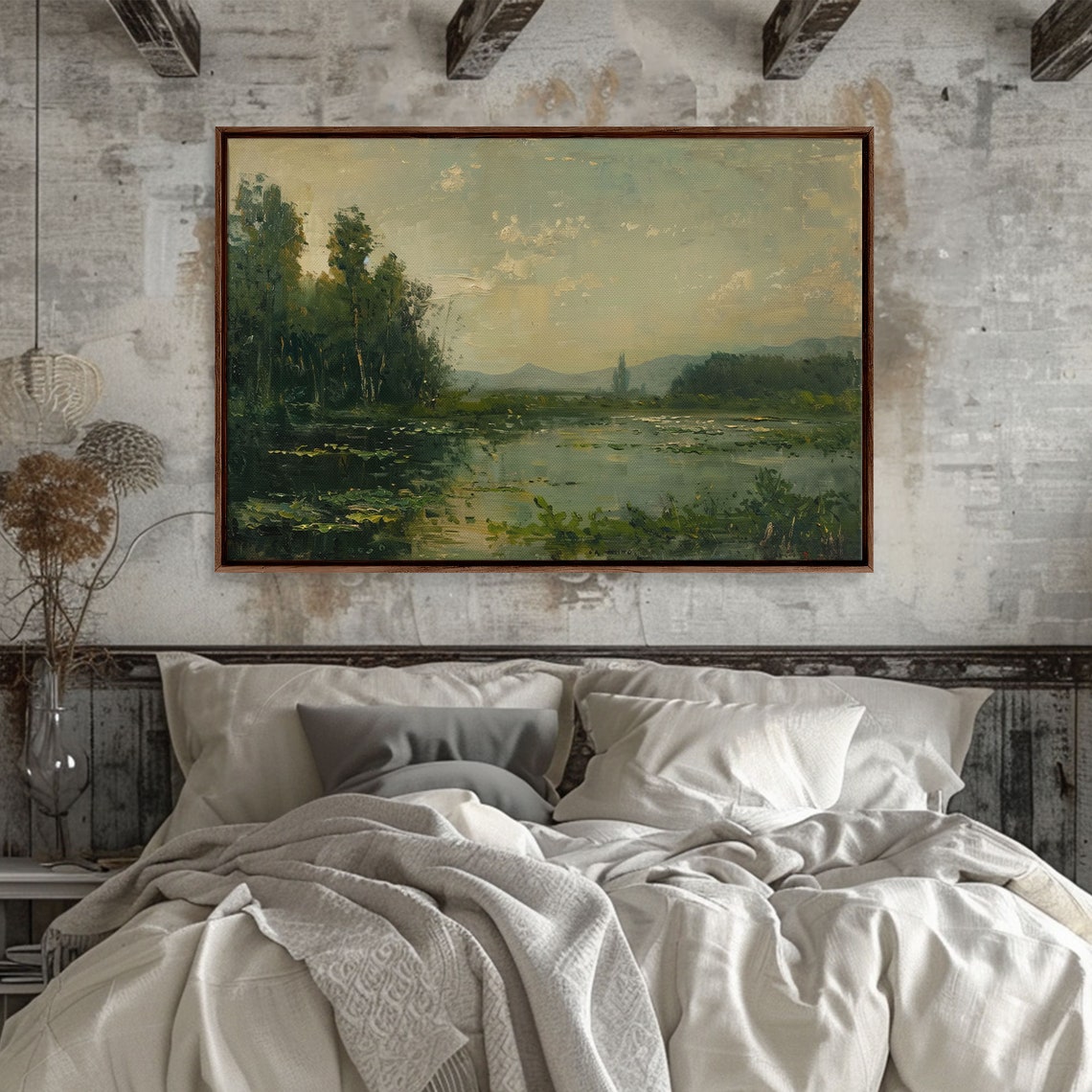 Golden Hour Lake Lily Pads Trees Vintage Impressionist Painting Print - Image 5