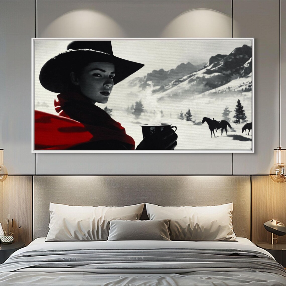 Moody Cowgirl Portrait In Snow With Red Poncho Black And White Poster - Image 2