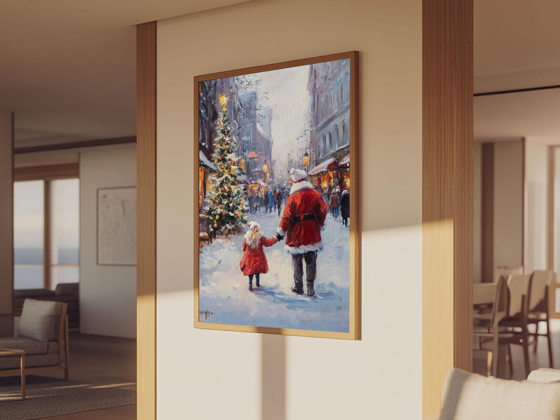 Santa With Child Snowy Town Square Christmas Tree Impressionist Poster - Image 5