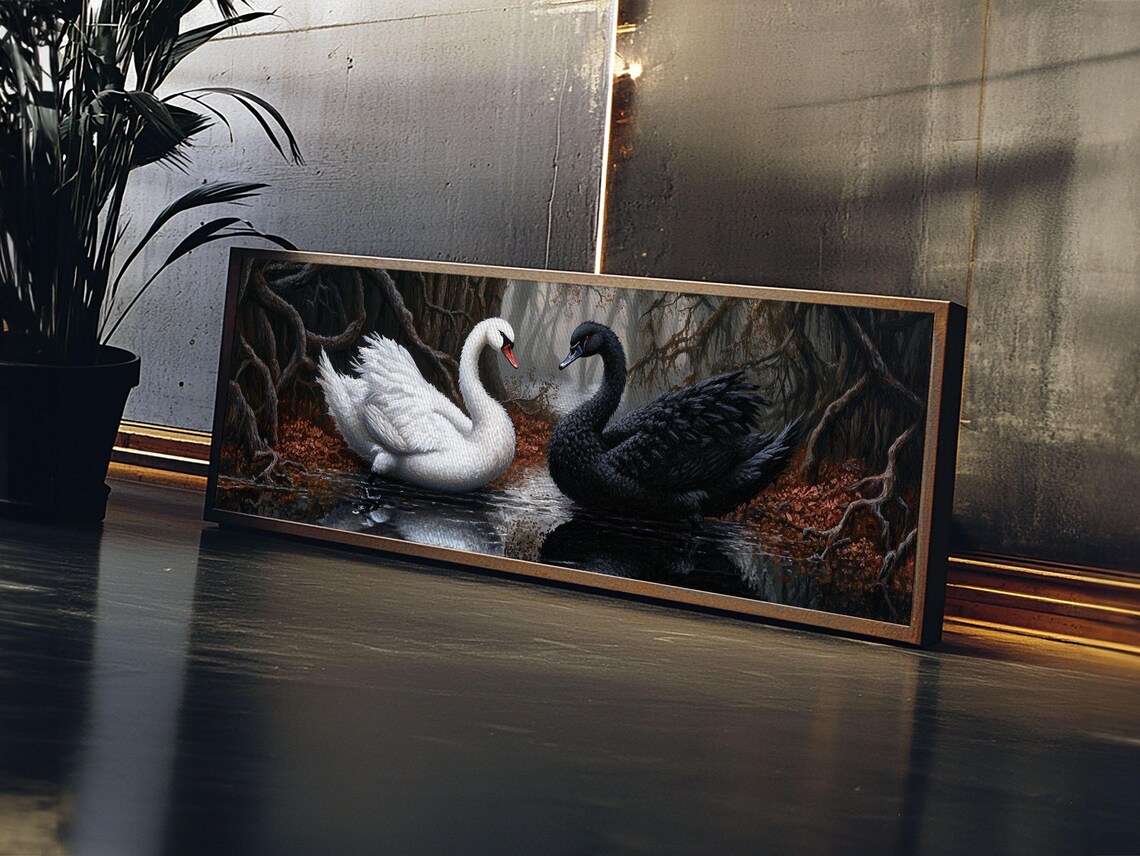 Black White Swans Heart Dark Water Gothic Romance Panoramic Wall Poster - Image 4