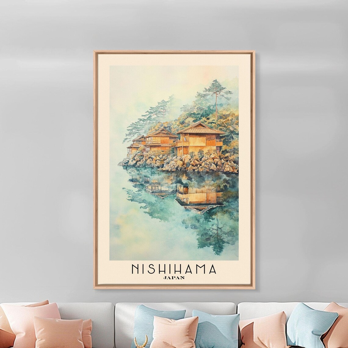 Nishihama Japan Wooden Houses Rocky Shore Mirror Reflection Travel Poster - Image 3