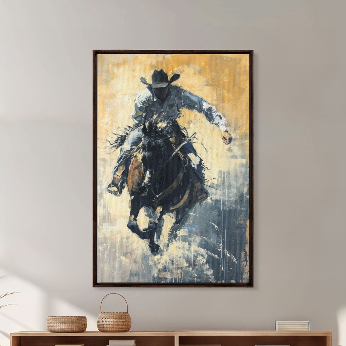 Cowboy Riding Bucking Horse Golden Abstract Western Art Poster - Image 4