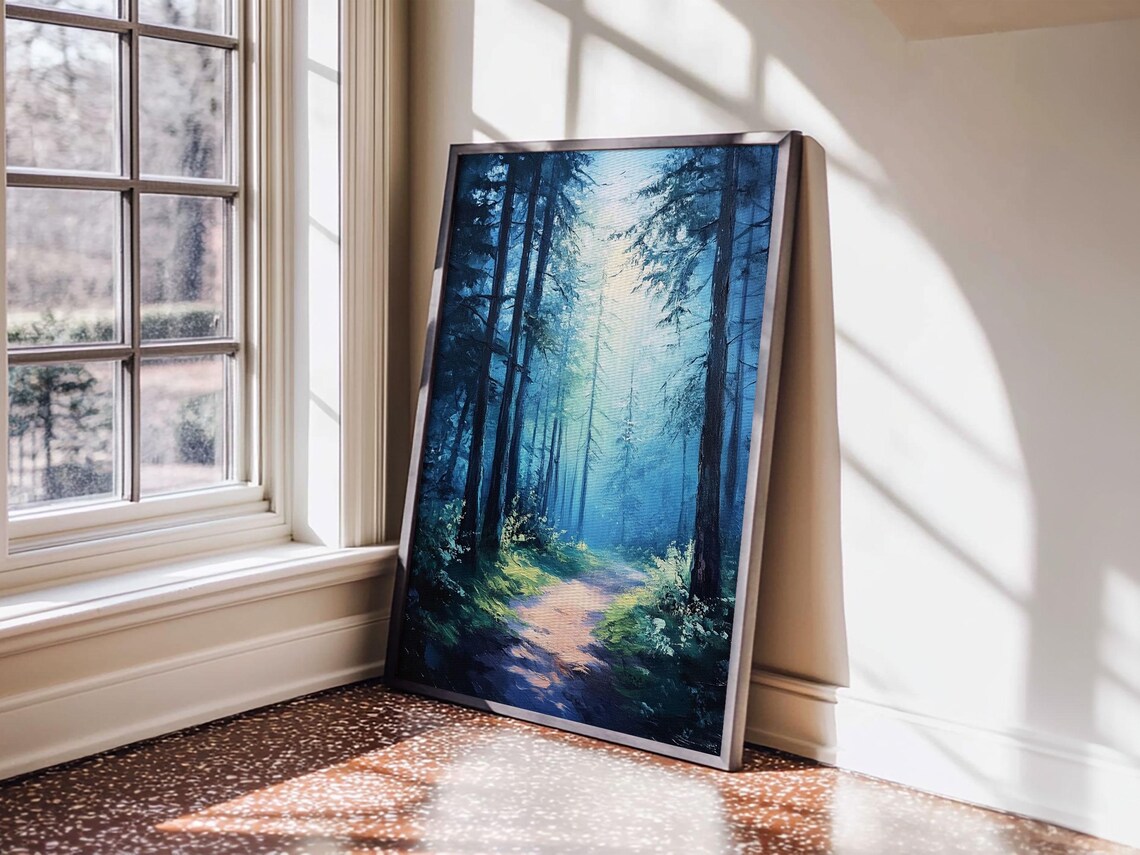 Enchanting Forest Print Moody Blue Landscape Painting With Pine Tree Art Above Sofa Rustic Wall Artwork - Image 6