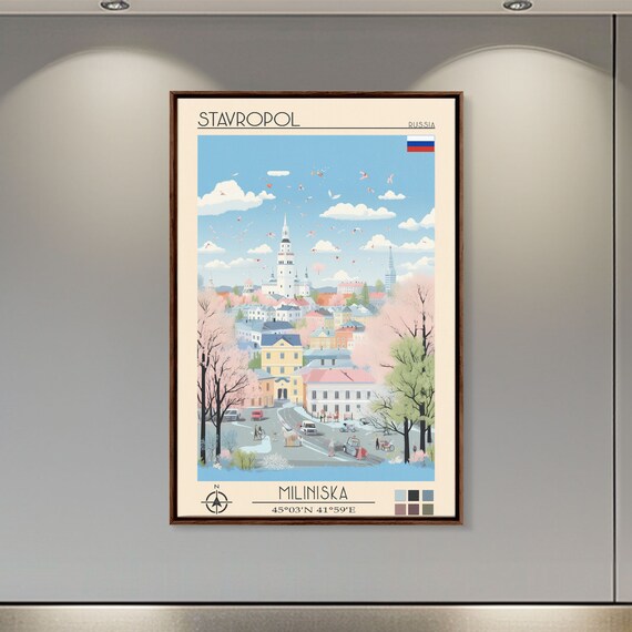 Stavropol Russia Travel Poster Framed Print Midcentury Modern Art Pop Art Wall Decor Living Room Art Vacation Gift